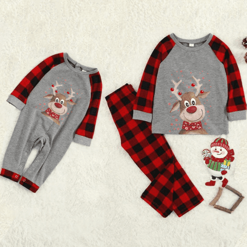 Christmas Cartoon Deer Contrast top and Plaid Pants 1